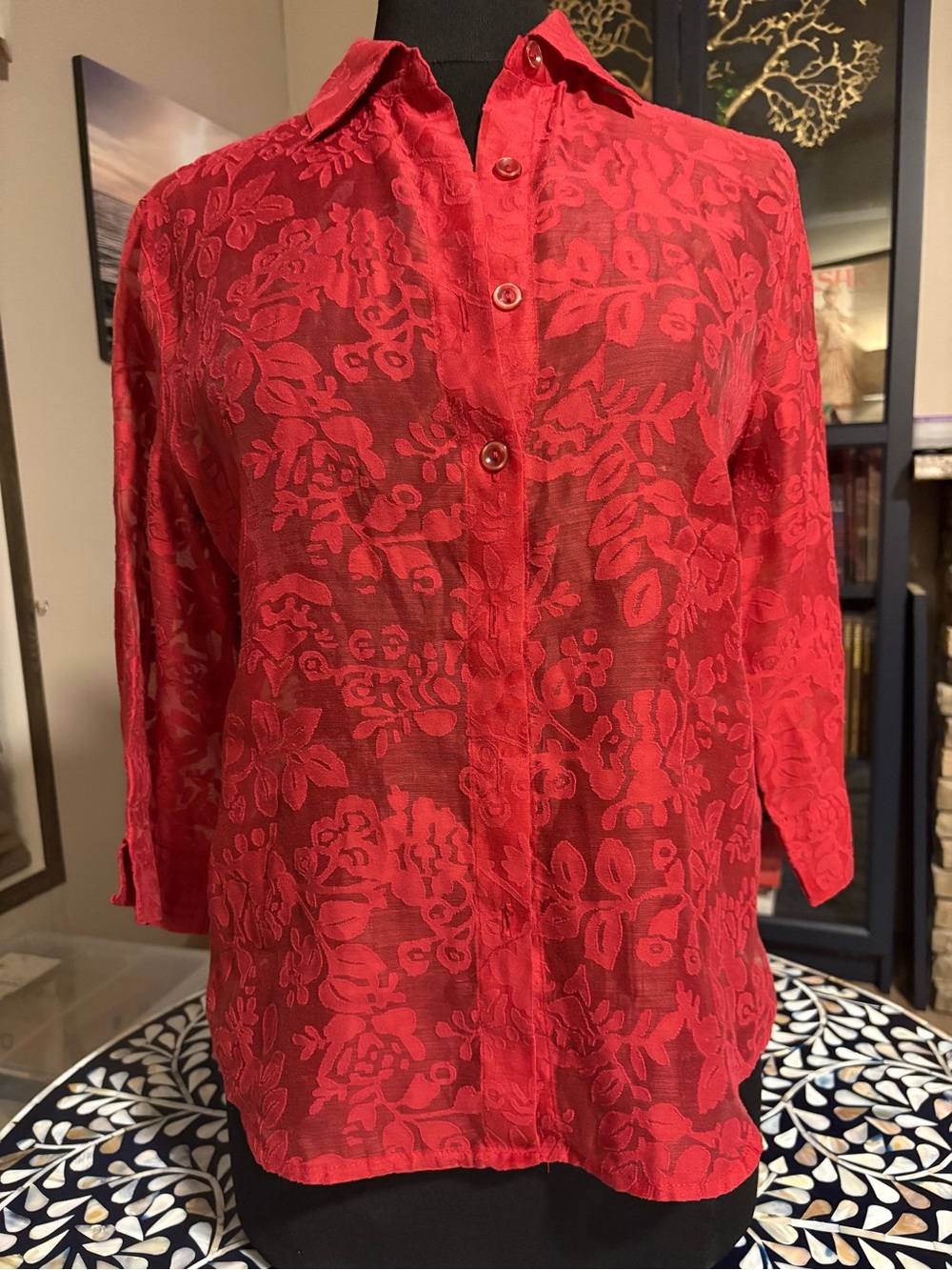 Red Floral Jacquard Button-Down Shirt - Lightweight Classic